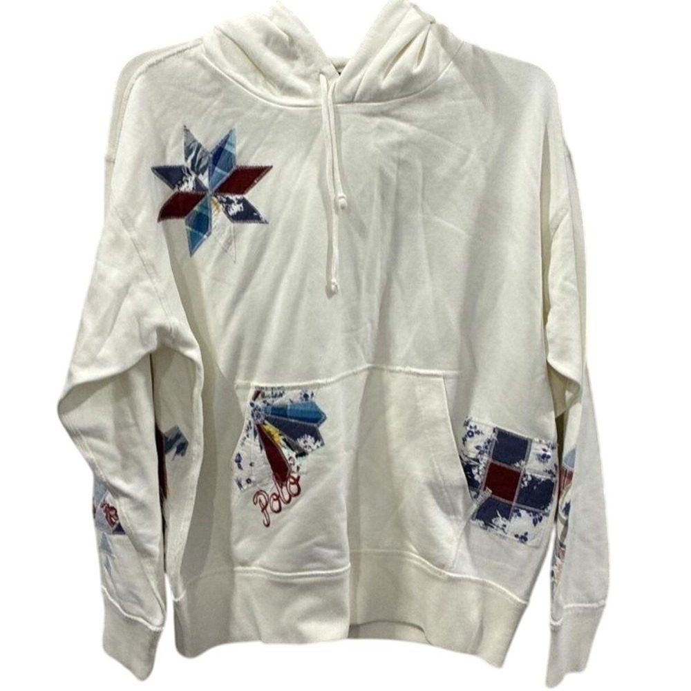 Polo Ralph Lauren Patchwork Star Hoodie Cream‎ Cotton Pullover Mens Large L